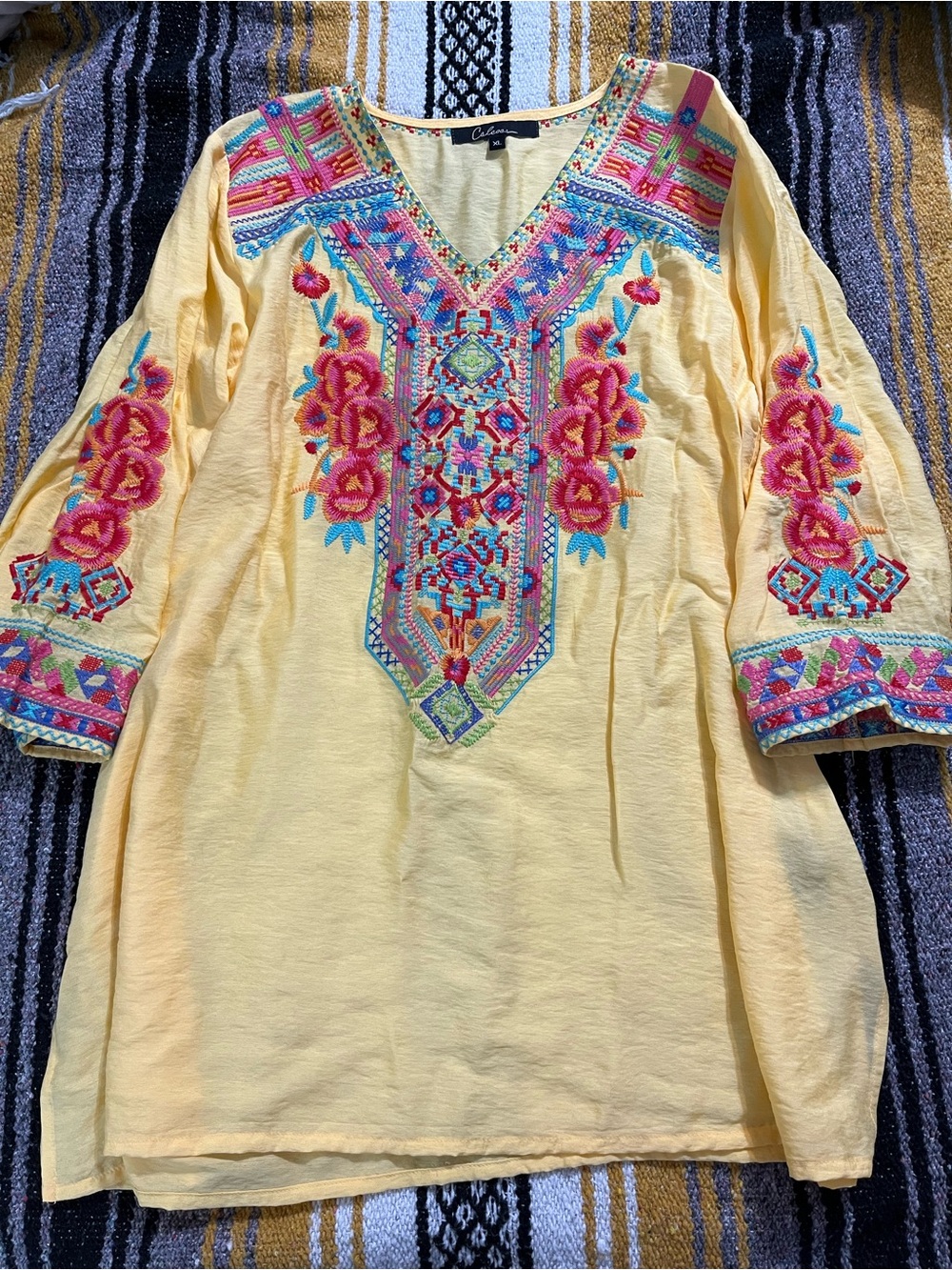 Yellow Embroidered V-Neck Tunic with Pink Floral Detail Calessa